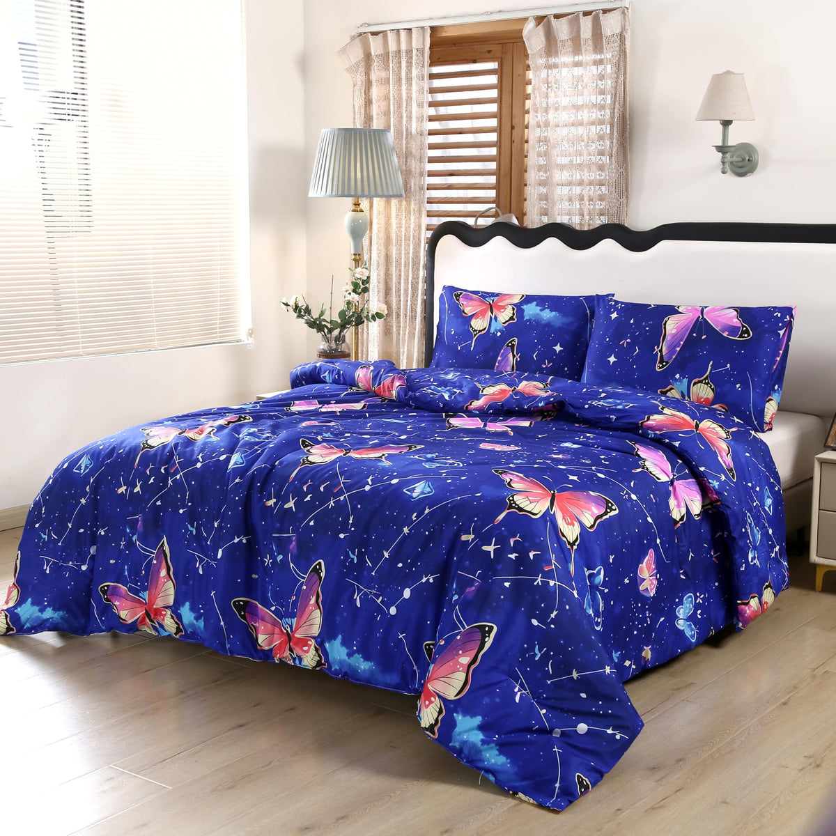 MAG 3Pcs Butterfly Twin Comforter Set,Microfiber Butterfly Twin Bedding Sets,Blue Cute Cartoon Style Pattern,All Season with 1 Comforter + 2 Pillowcases for Kids Boys and Girls,Breathable and Wrinkle.
