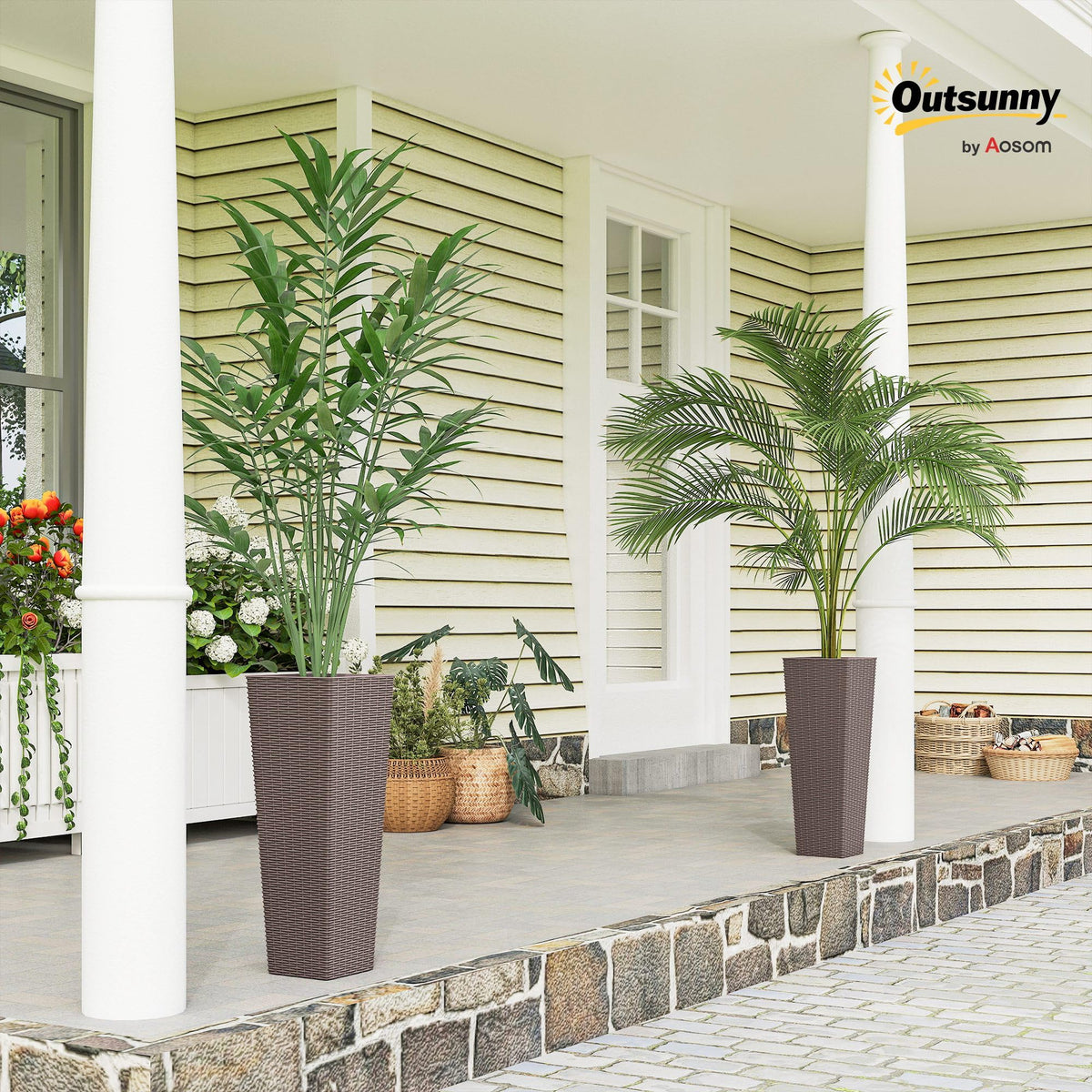 Outsunny 23.6 Inch Tall Planters for Outdoor Plants, Set of 2 Plastic Rattan-Like Flower Pots with Drainage Holes, Stackable Tapered Planters for Indoor Plants, Front Porch, Brown
