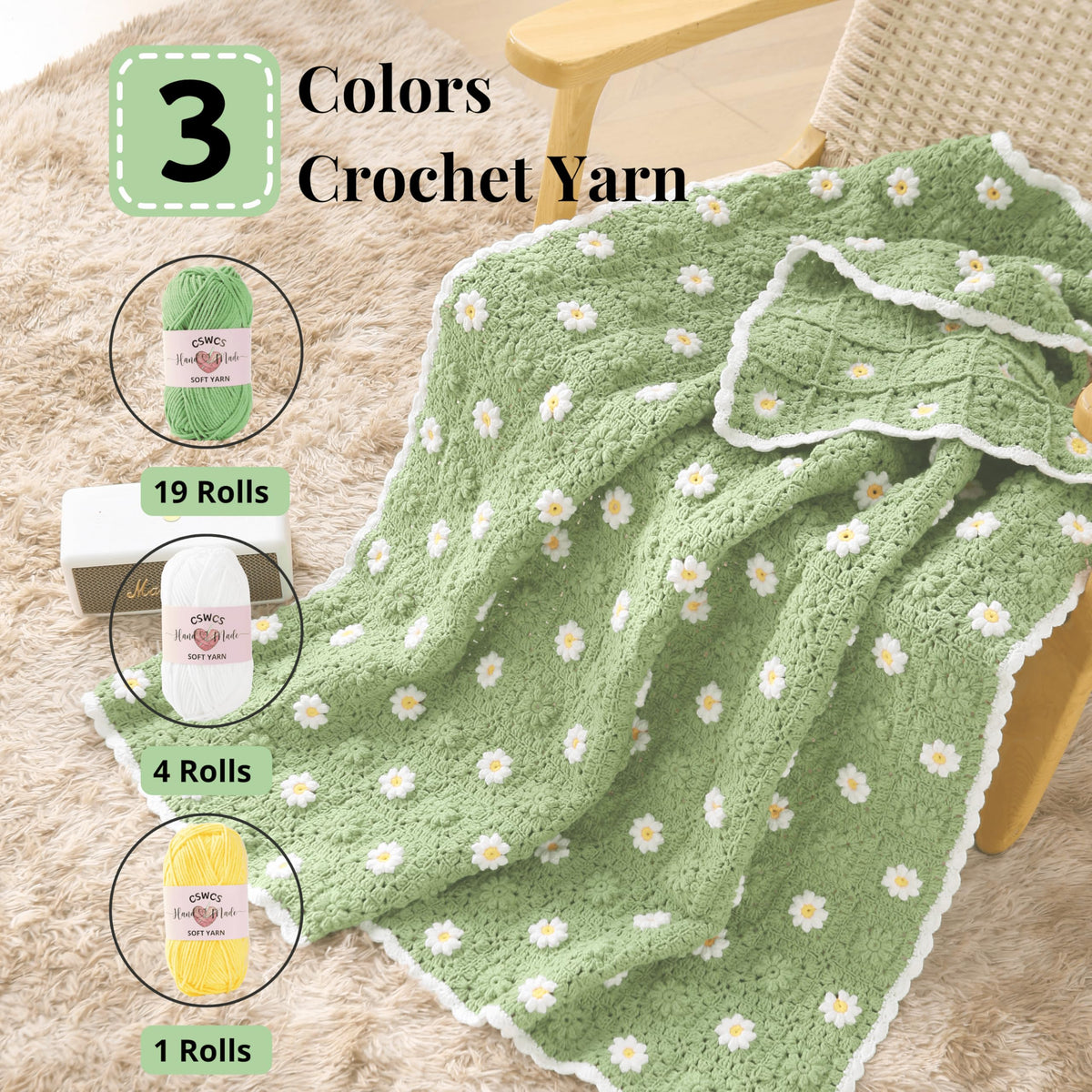 CSWCS Crochet Blanket Kit for Beginners, Daisy Granny Square Throw Kit for Adults, Easy Learn How to Knitting with Yarn & Hook, Complete Starter Set with Step-by-Step Instructions (39" x 31")