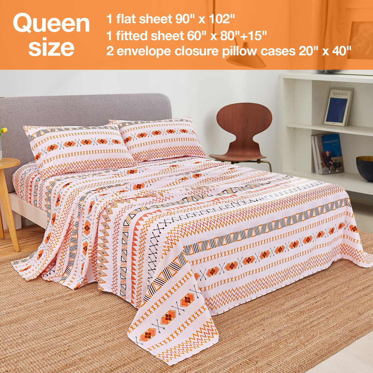 JSD Geometric Printed Sheet Set Queen, 4 Piece Soft Orange Pattern Microfiber Sheets Extra Deep Pocket