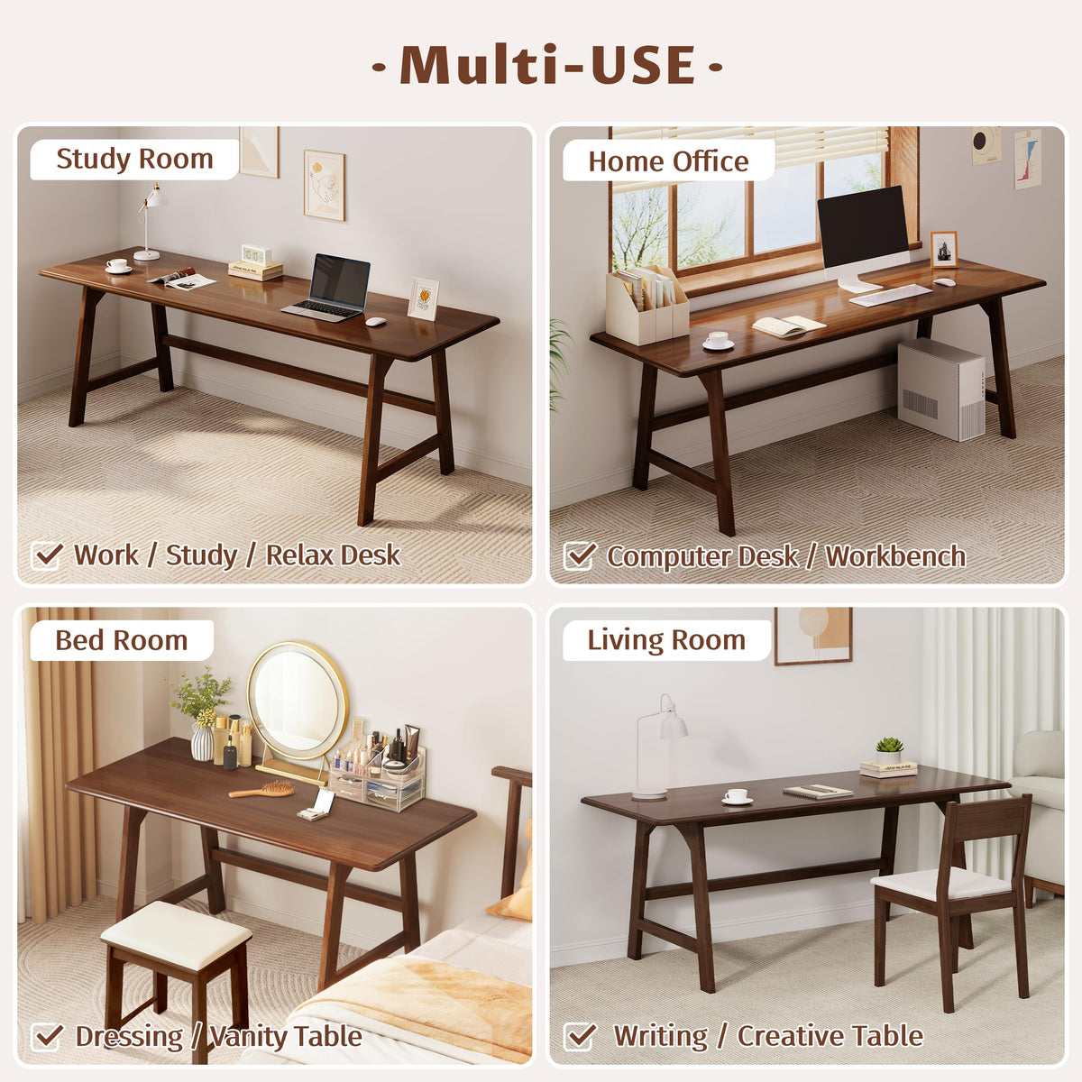 IOTXY Solid Wood Writing Table - 72" W x 24" D Minimalist Long Computer Desk for Home Office, Work, Study, Creativity, and PC Workstation, Walnut