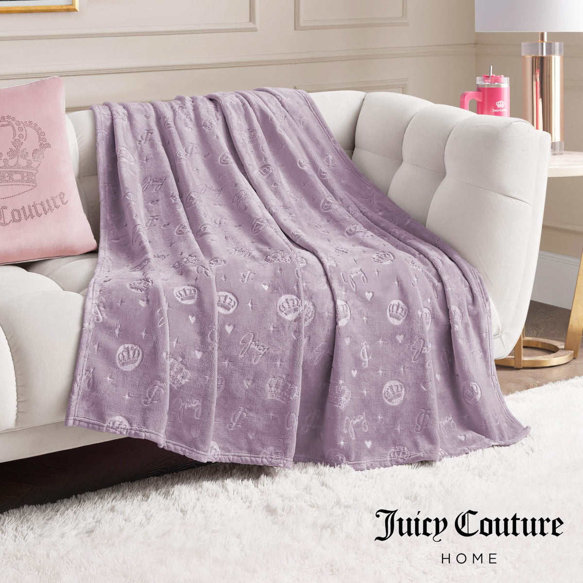 Juicy Couture Embossed Plush 60"x70" Oversized Throw Blanket, Emblem Toss Lavender Purple