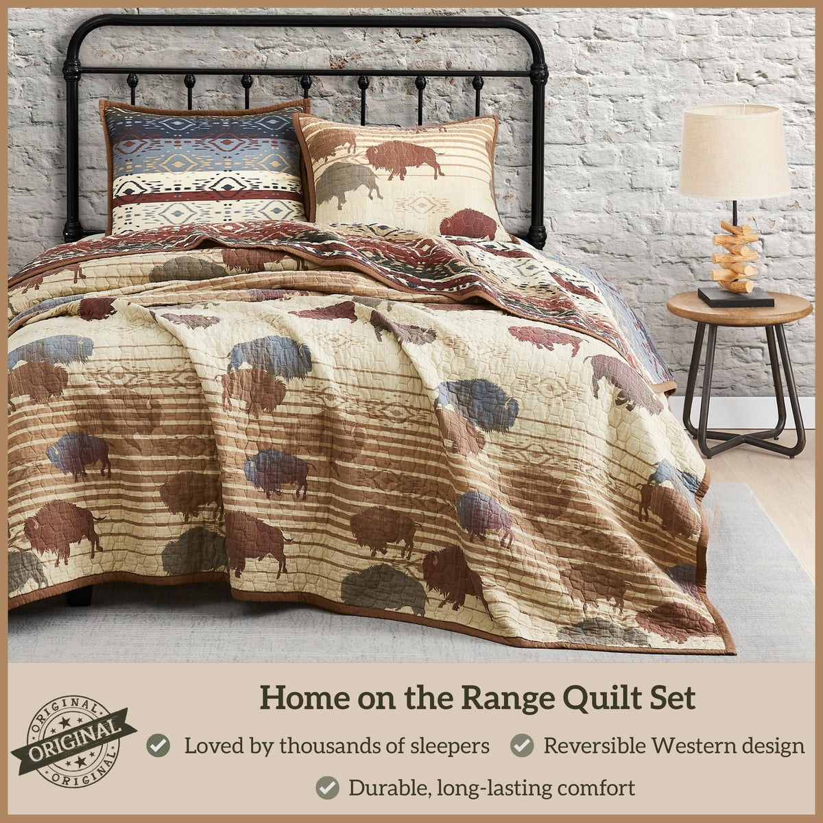 Paseo Road Home on the Range Queen Cotton Quilt Set, 3 Piece Western Bedding Set with Pillow Shams, Buffalo Aztec Reversible Quilt, Soft Rustic Lightweight Quilt, Southwestern Bedding