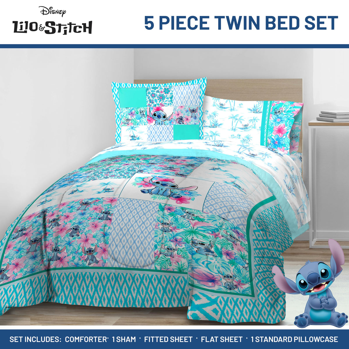 Jay Franco Kids Comforter Set Includes Sheets and Pillow Covers - Soft and Cozy Bed Set for Stylish Room Decor, Multi - Lilo and Stitch 02, 5 Piece Twin Bedding