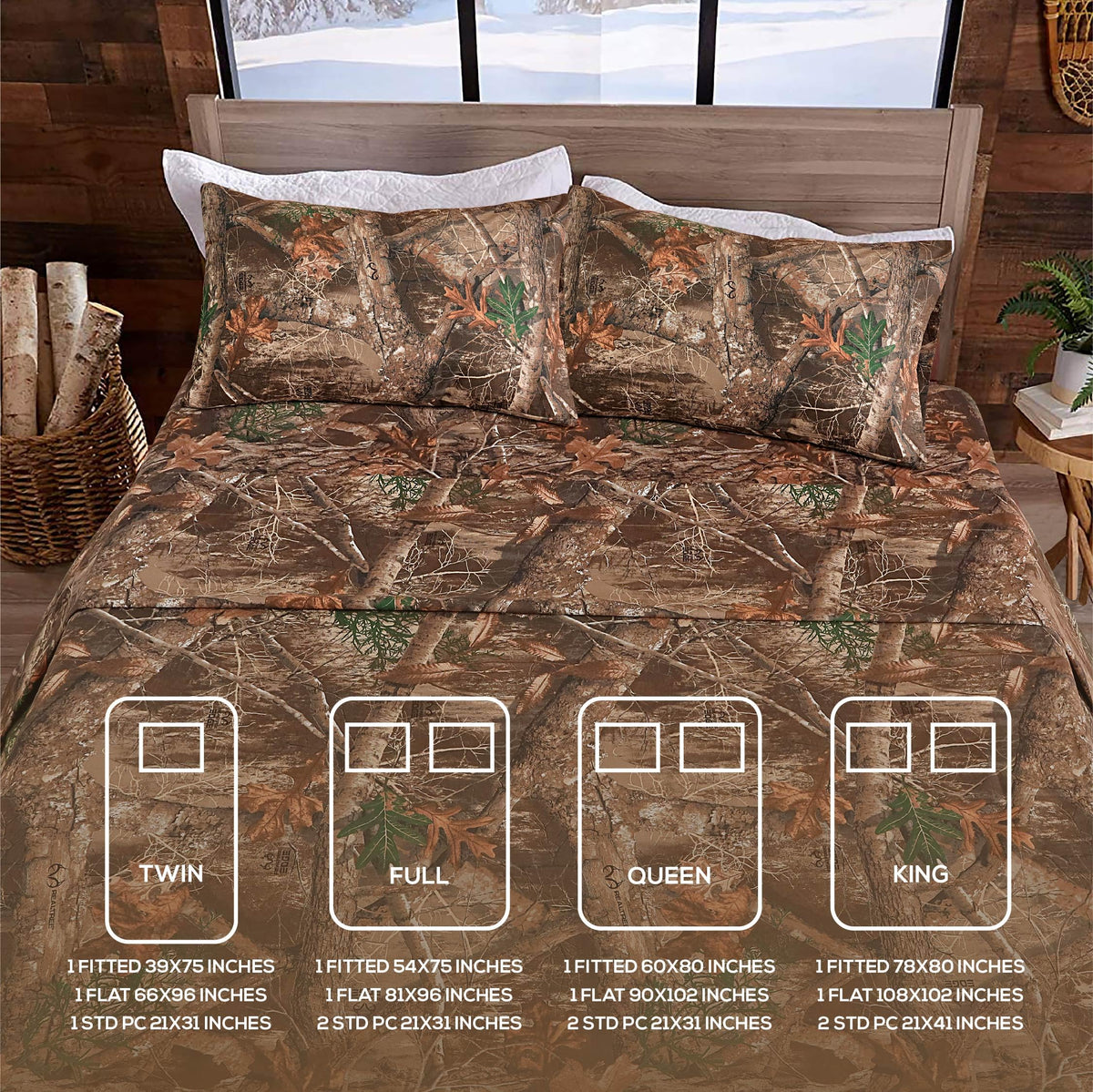 VISI-ONE Realtree Edge Queen Camo 4 Piece Sheet Set – Lightweight, Cooling, Wrinkle-Free Microfiber 13" Deep Pockets Sheets, Unisex Rustic Western Farmhouse Style Made to Complement All Living Spaces