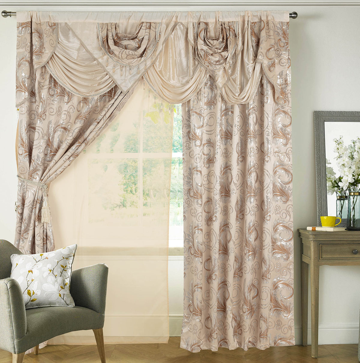 GLORY RUGS Jacquard Luxury Window 2 Panel Set Beige Curtain with Attached Valance and Backing Bedroom Living Room Dining 2 Curtains 55x84 inches Each Jana
