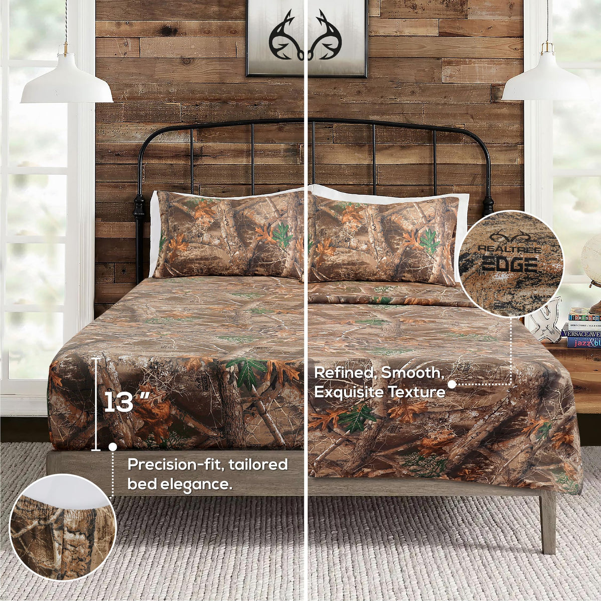 VISI-ONE Realtree Edge Queen Camo 4 Piece Sheet Set – Lightweight, Cooling, Wrinkle-Free Microfiber 13" Deep Pockets Sheets, Unisex Rustic Western Farmhouse Style Made to Complement All Living Spaces