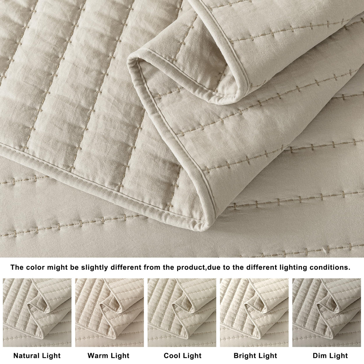 ROARINGWILD Neutral Beige King Size Quilt Bedding Sets with 2 Pillow Shams, Lightweight Soft Bedspread Coverlet, Quilted Blanket Thin Comforter Bed Cover for All Season, 3 Pieces, 104x90 inches
