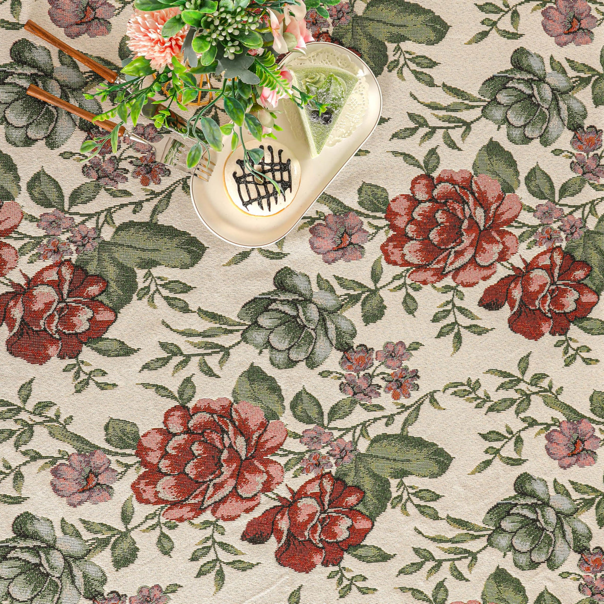 Dimatic Cotton and Linen Rectangular Tablecloth with Red Rose Pattern, Suitable for Kitchen Dining Table, Home Table Cloth and Holiday Decoration, 55 x 86 Inches