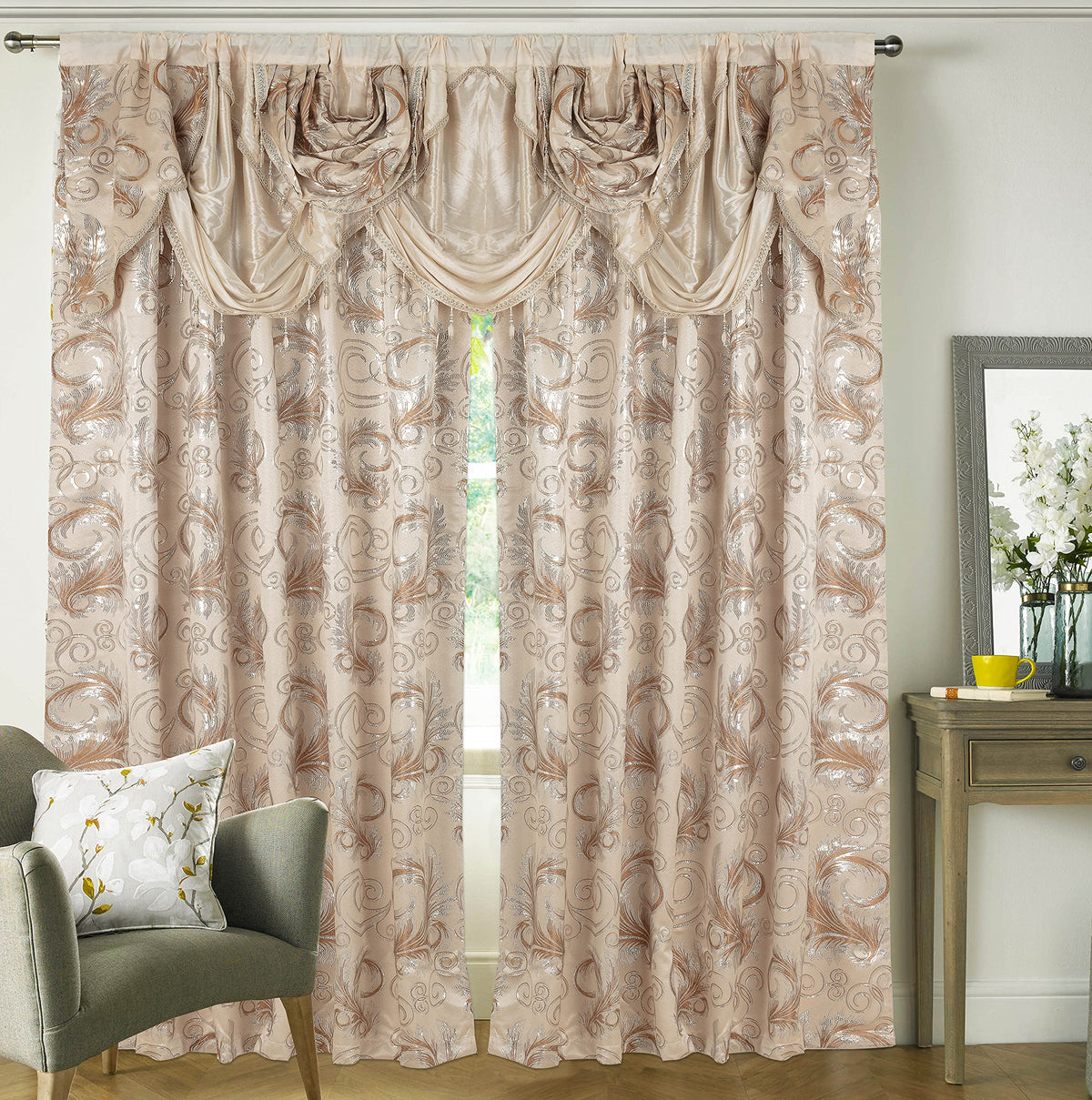 GLORY RUGS Jacquard Luxury Window 2 Panel Set Beige Curtain with Attached Valance and Backing Bedroom Living Room Dining 2 Curtains 55x84 inches Each Jana